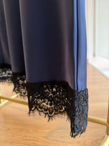 Saten Lacivert Midi Boy Dantel Detaylı Etek