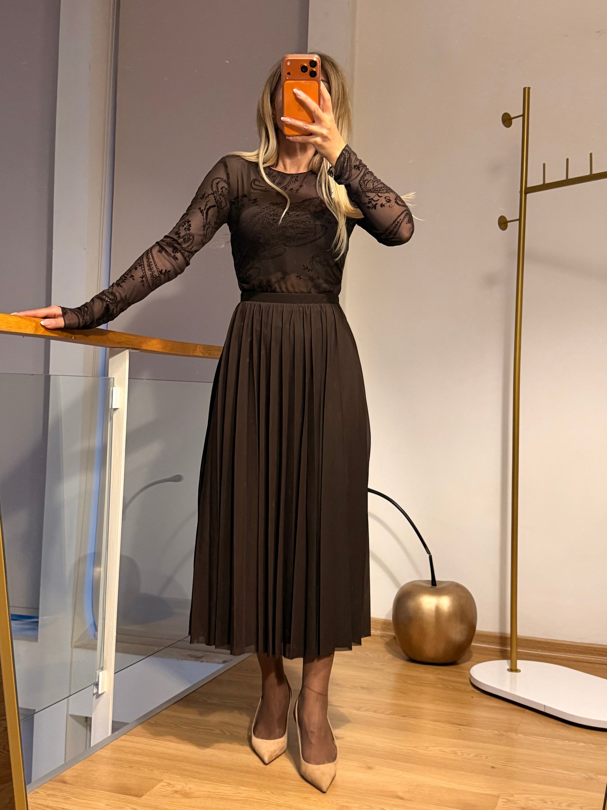 Acı Kahve Şifon Tül Uzun Pileli Etek