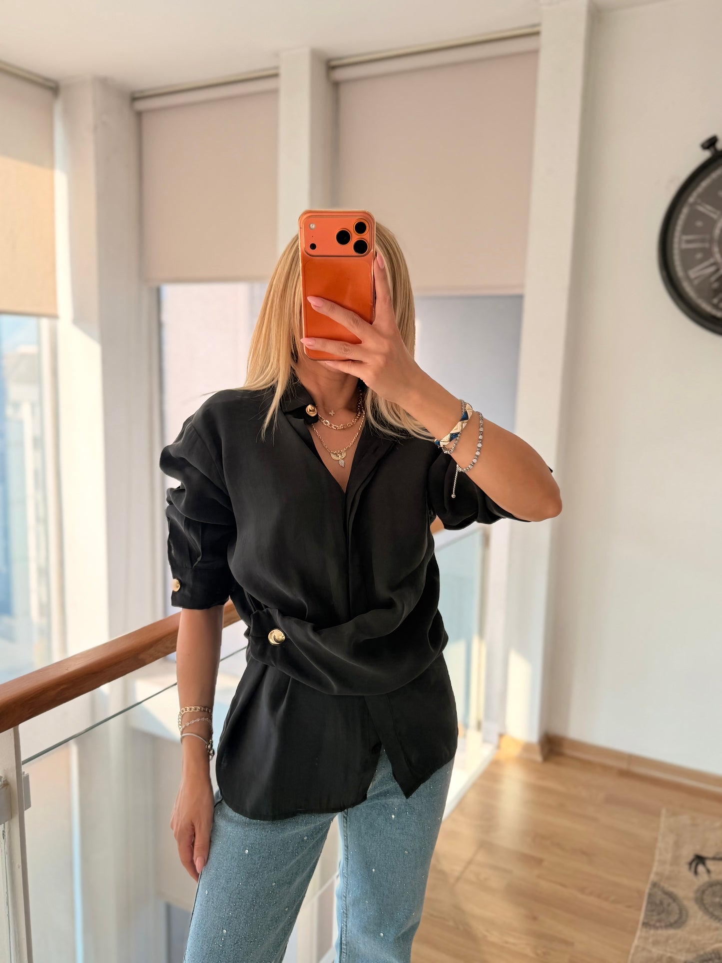 Gold Detaylı Premium Pamuklu Tencel Siyah Gömlek