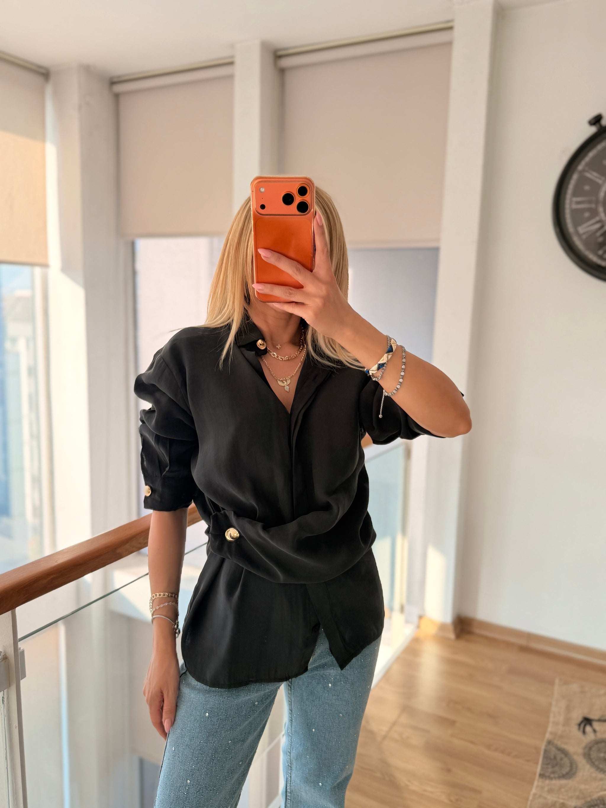 Gold Detaylı Premium Pamuklu Tencel Siyah Gömlek