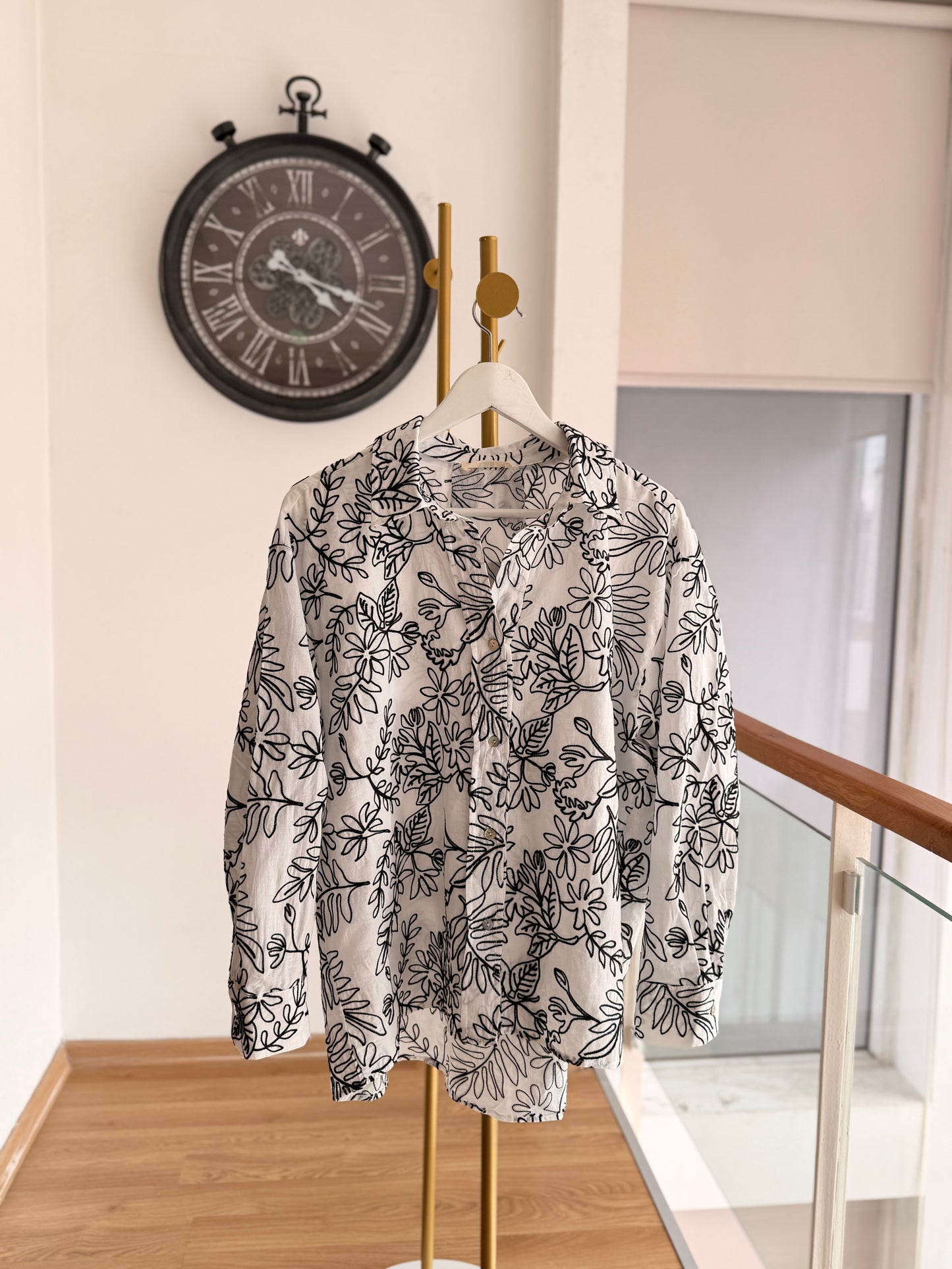 Nakışlı Keten Oversize Gömlek