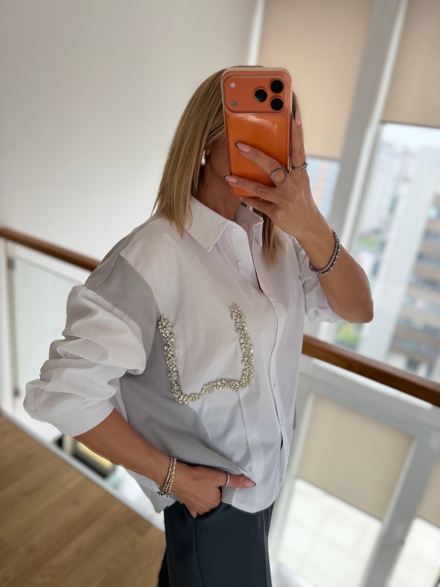 Taş Detaylı Premium Gömlek&Triko Beyaz&Gri