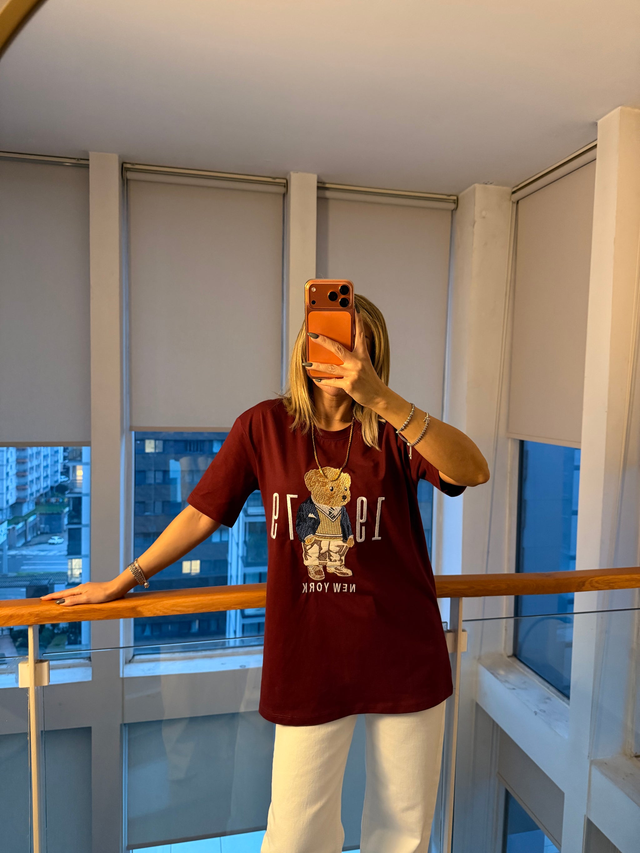 New York Bear İşlemeli Bordo Unisex T-shirt