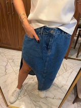 Yan Yırtmaçlı Jean Uzun Etek