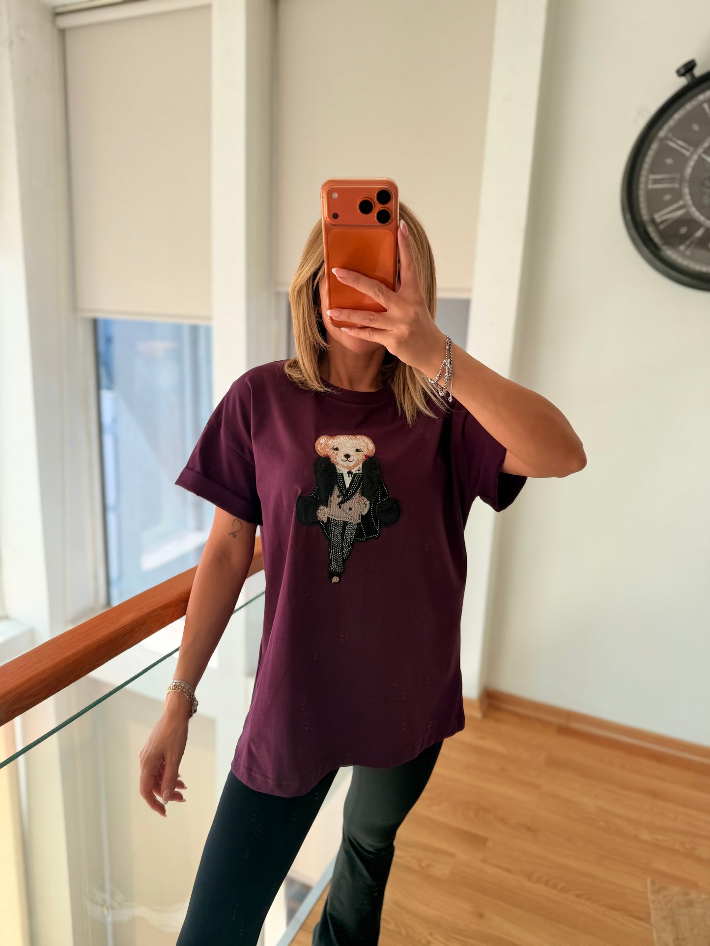 Kürklü Cool Bear Pastel Mürdüm Tshirt
