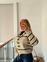 Siyah Çizgili Kalın Bej Triko Hırka Ceket