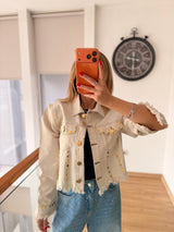 Premium Kısa Jean Ceket Kum Beji