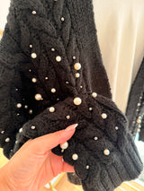 İncili Taş Baskılı Siyah Triko Hırka