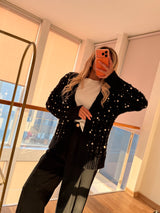 İncili Taş Baskılı Siyah Triko Hırka