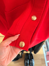 Kırmızı Gold Düğmeli Cepli Hırka