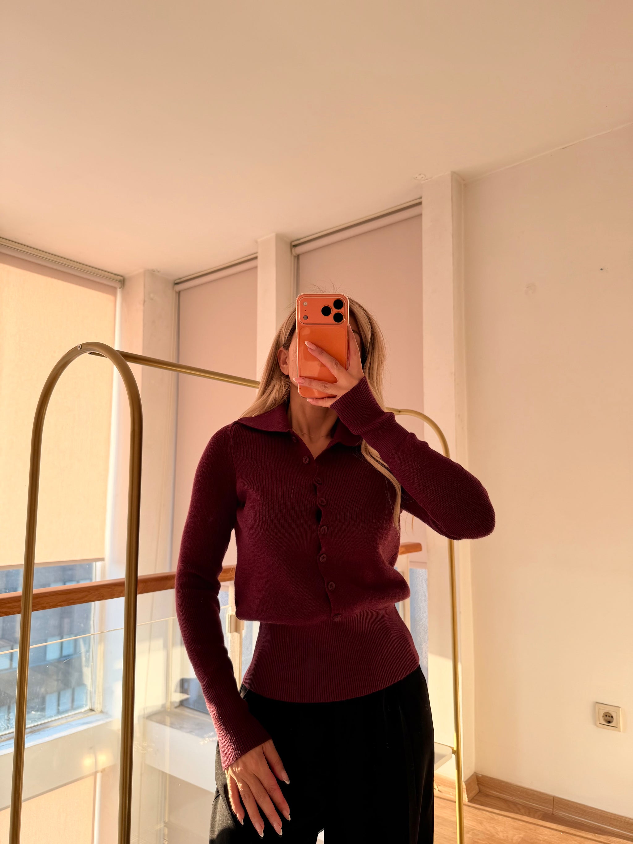 Mürdüm Polo Yaka Düğmeli Kadın Kazak