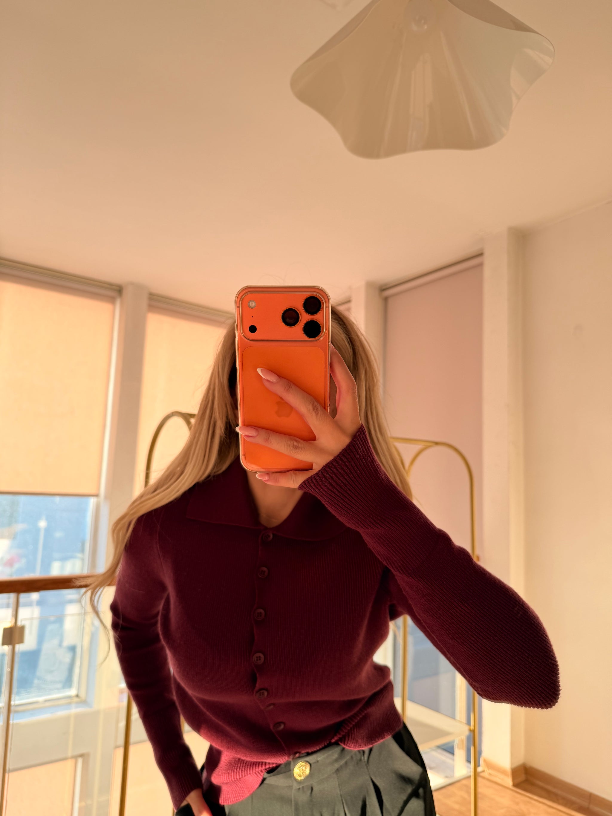 Mürdüm Polo Yaka Düğmeli Kadın Kazak