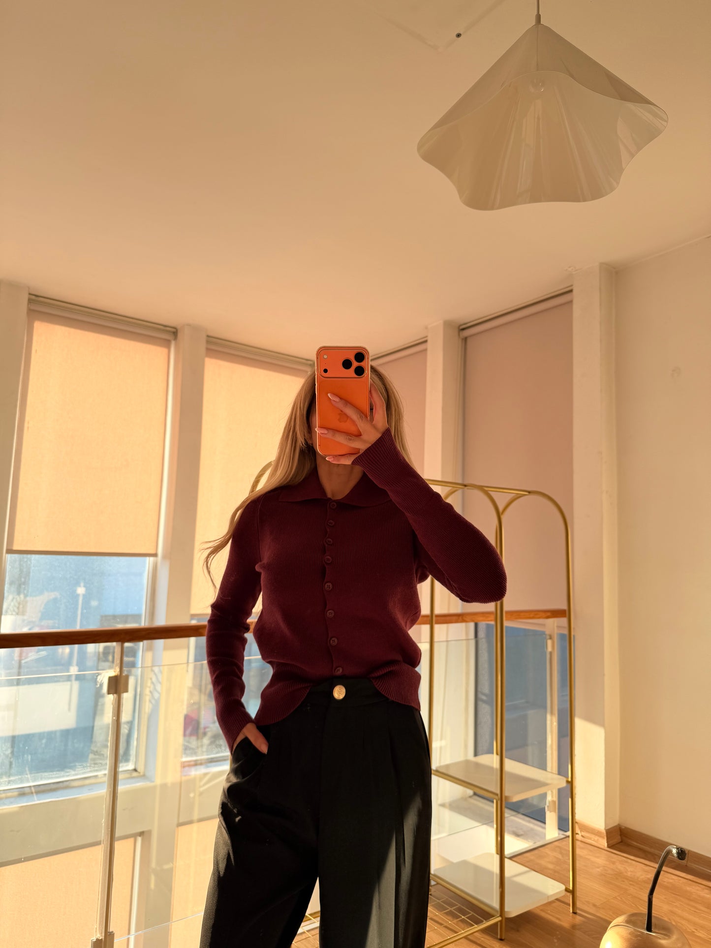 Mürdüm Polo Yaka Düğmeli Kadın Kazak