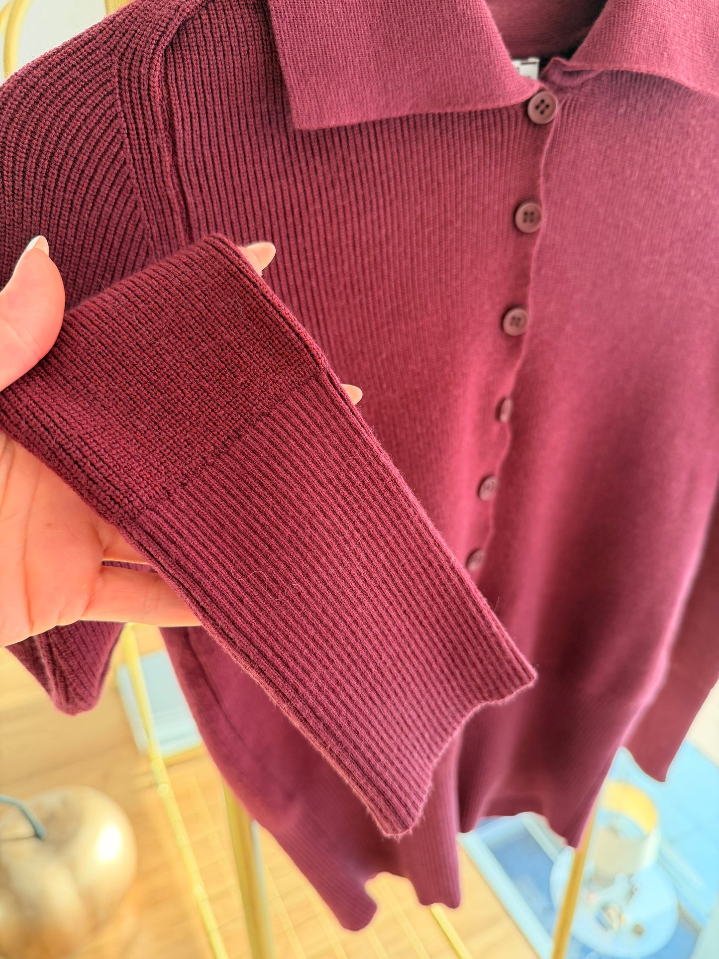 Mürdüm Polo Yaka Düğmeli Kadın Kazak