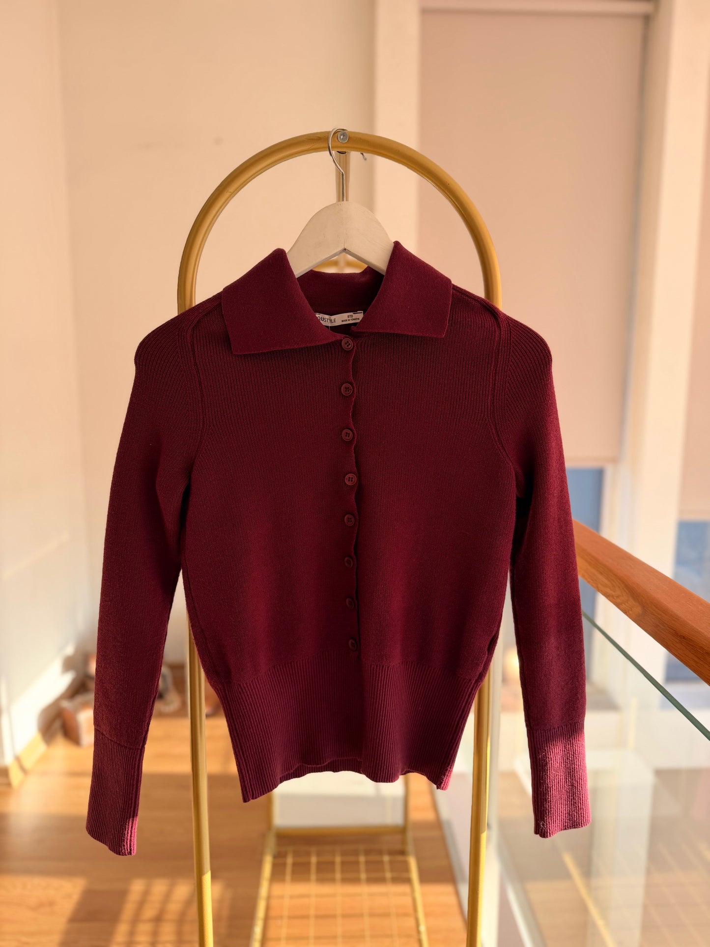 Mürdüm Polo Yaka Düğmeli Kadın Kazak